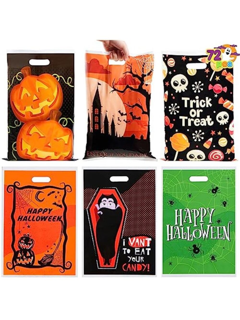 72 Pcs Halloween Candy Bag for Trick or Treating, Plastic Goodie Bags
